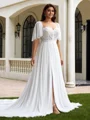 A-line Scoop Short Sleeves Appliques Lace Chapel Train Tulle Plus Size Wedding Dress