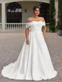 A-line Off-the-Shoulder Pleated Sweep Train Organza Corset Plus Size Wedding Dress