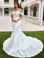 Sheath Off-the-Shoulder Appliques Lace Chapel Train Lace Corset Plus Size Wedding Dress