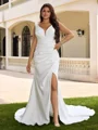 Sheath V-neck Pleated Chapel Train Stretch Crepe Plus Size Wedding Dress