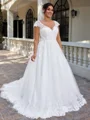 A-line V-neck Appliques Lace Court Train Tulle Plus Size Wedding Dress
