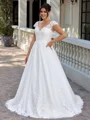A-line V-neck Appliques Lace Court Train Tulle Plus Size Wedding Dress