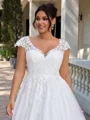 A-line V-neck Appliques Lace Court Train Tulle Plus Size Wedding Dress