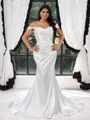 Sheath Off-the-Shoulder Pleated Court Train Silk Like Satin Corset Plus Size Wedding Dress