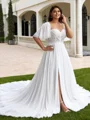 A-line Scoop Short Sleeves Appliques Lace Chapel Train Tulle Plus Size Wedding Dress