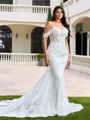 Sheath Off-the-Shoulder Appliques Lace Chapel Train Lace Corset Plus Size Wedding Dress
