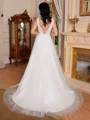 A-line Scoop Appliques Lace Sweep Train Tulle Wedding Dress