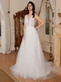 A-line Scoop Appliques Lace Sweep Train Tulle Wedding Dress