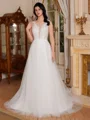 A-line Scoop Appliques Lace Sweep Train Tulle Wedding Dress
