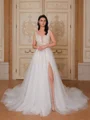 A-line V-neck Appliques Lace Chapel Train Tulle Wedding Dress