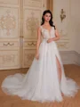 A-line V-neck Appliques Lace Chapel Train Tulle Wedding Dress
