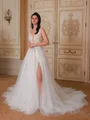 A-line V-neck Appliques Lace Chapel Train Tulle Wedding Dress