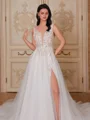 A-line V-neck Appliques Lace Chapel Train Tulle Wedding Dress