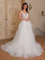 A-line V-neck Appliques Lace Sweep Train Tulle Wedding Dress