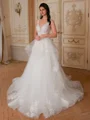A-line V-neck Appliques Lace Sweep Train Tulle Wedding Dress
