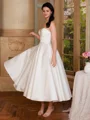 A-line Sweetheart Pleated Tea-Length Satin Corset Wedding Dress