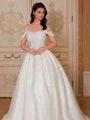 Ball-Gown Scoop Short Sleeves Appliques Lace Sweep Train Corset Wedding Dress