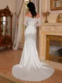 Sheath Off-the-Shoulder Long Sleeves Appliques Lace Court Train Silk Like Satin Corset Wedding Dress