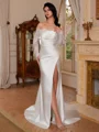 Sheath Off-the-Shoulder Long Sleeves Appliques Lace Court Train Silk Like Satin Corset Wedding Dress