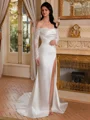 Sheath Off-the-Shoulder Long Sleeves Appliques Lace Court Train Silk Like Satin Corset Wedding Dress