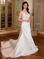 Sheath V-neck Appliques Lace Court Train Satin Wedding Dress