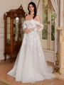 A-line Off-the-Shoulder Long Sleeves Appliques Lace Court Train Tulle Corset Wedding Dress