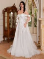 A-line Off-the-Shoulder Long Sleeves Appliques Lace Court Train Tulle Corset Wedding Dress