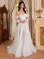 A-line Off-the-Shoulder Long Sleeves Appliques Lace Court Train Tulle Corset Wedding Dress