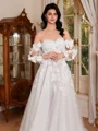A-line Off-the-Shoulder Long Sleeves Appliques Lace Court Train Tulle Corset Wedding Dress