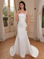 Sheath Straps Pleated Chapel Train Satin Corset Wedding Dress