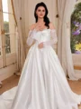 A-line Off-the-Shoulder Long Sleeves Appliques Lace Court Train Satin Corset Wedding Dress
