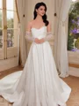 A-line Off-the-Shoulder Long Sleeves Appliques Lace Cathedral Train Satin Corset Wedding Dress