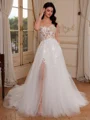 A-line Sweetheart Appliques Lace Court Train Tulle Corset Wedding Dress
