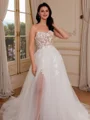 A-line Sweetheart Appliques Lace Court Train Tulle Corset Wedding Dress