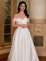 A-line Off-the-Shoulder Bow Tea-Length Satin Corset Wedding Dress