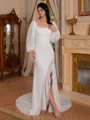 Sheath Straps Long Sleeves Ruffles Court Train Lace Wedding Dress