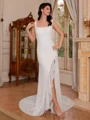 Sheath Straps Long Sleeves Ruffles Court Train Lace Wedding Dress