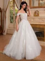 Ball-Gown Off-the-Shoulder Appliques Lace Court Train Tulle Corset Wedding Dress