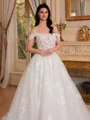 Ball-Gown Off-the-Shoulder Appliques Lace Court Train Tulle Corset Wedding Dress