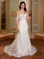 Sheath Off-the-Shoulder Appliques Lace Sweep Train Tulle Corset Wedding Dress