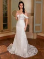Sheath Off-the-Shoulder Appliques Lace Sweep Train Tulle Corset Wedding Dress