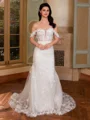 Sheath Off-the-Shoulder Appliques Lace Sweep Train Tulle Corset Wedding Dress