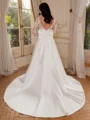 A-line Scoop Long Sleeves Bow Court Train Satin Wedding Dress