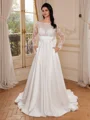 A-line Scoop Long Sleeves Bow Court Train Satin Wedding Dress