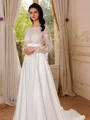 A-line Scoop Long Sleeves Bow Court Train Satin Wedding Dress