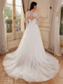 A-line Scoop Long Sleeves Appliques Lace Chapel Train Tulle Corset Wedding Dress