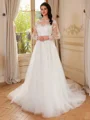 A-line Scoop Long Sleeves Appliques Lace Chapel Train Tulle Corset Wedding Dress