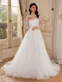 A-line Scoop Long Sleeves Appliques Lace Chapel Train Tulle Corset Wedding Dress