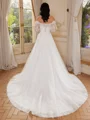 A-line Off-the-Shoulder Long Sleeves Appliques Lace Chapel Train Tulle Corset Wedding Dress
