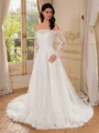 A-line Off-the-Shoulder Long Sleeves Appliques Lace Chapel Train Tulle Corset Wedding Dress